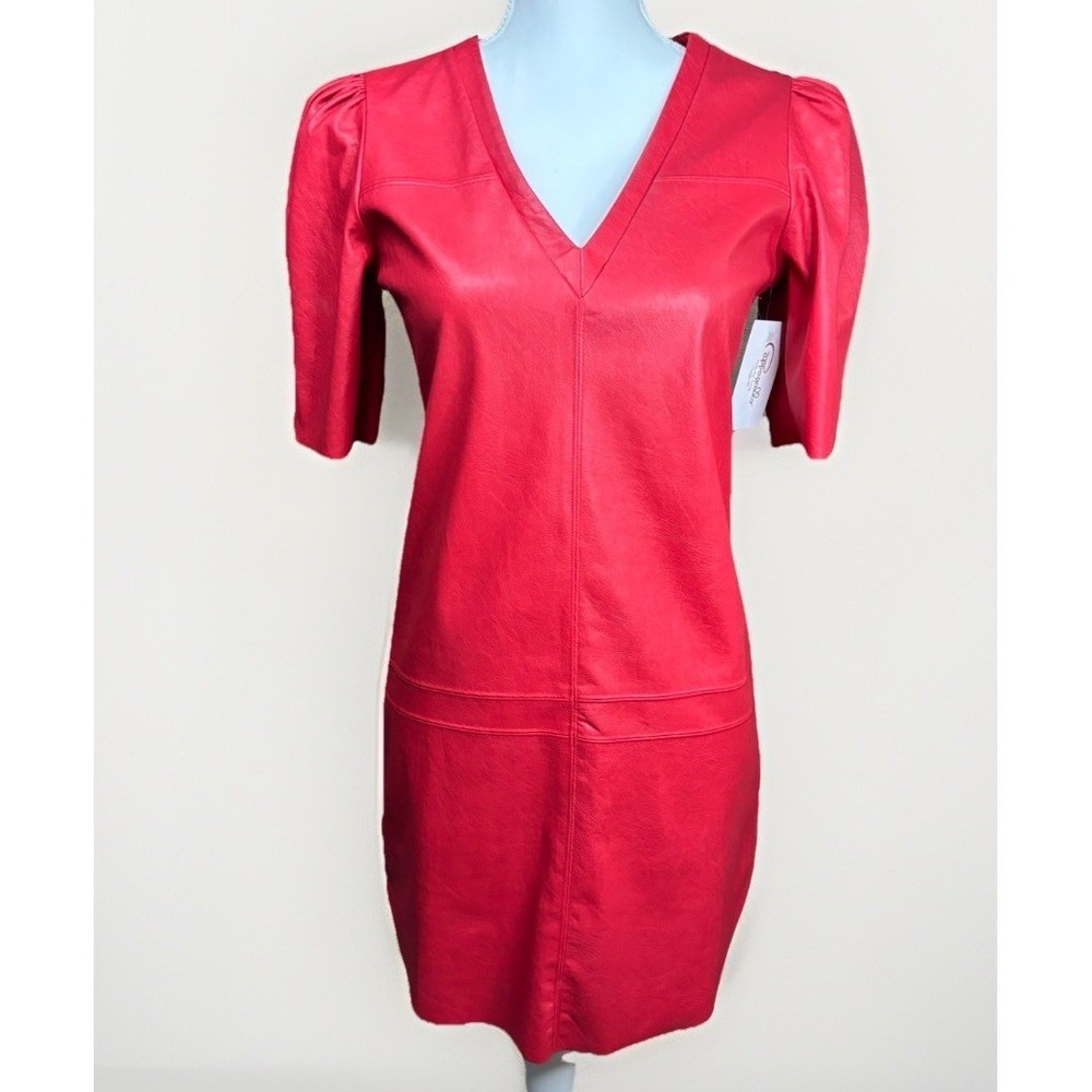 Lavender Brown Faux Leather Dress Womens XS Red New Puff Sleeve Mini V-Neck